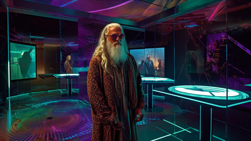 "Where Tradition Meets Innovation: This image captures a figure reminiscent of historical wisdom set against a backdrop of advanced digital environments
