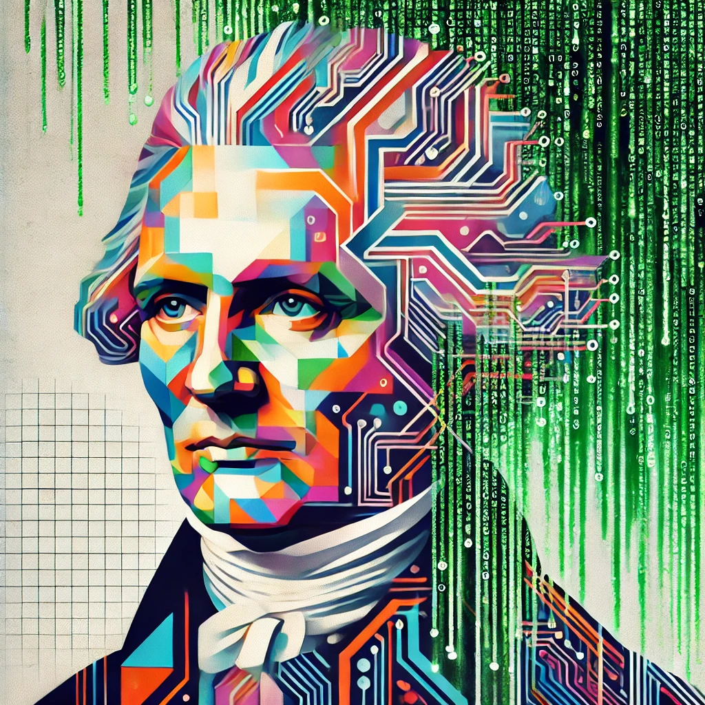"Philosophical Synthesis in the Digital Age: This portrait merges Immanuel Kant (1724–1804), a pivotal figure in Enlightenment thought, with the symbolic digital streams of the 21st-century information age