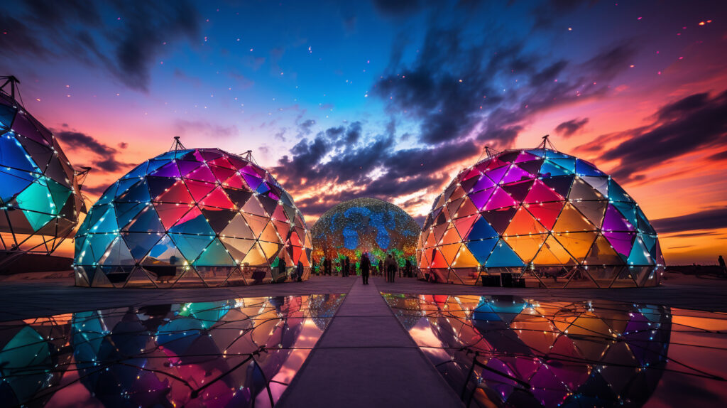 "Reflections of Utopia: As the sun sets, geodesic domes mirror the ideals of Leon Battista Alberti’s Città Ideale (1404-1472), blending visionary architecture with the pulse of the digital era.